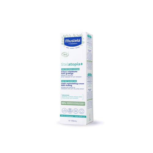 Mustela Stelatopia Anti-Itch Relief Cream BIO, Gesicht und Körper, Babys, Kinder, ganze Familie - extrem trockene Haut oder Neurodermitis, 99% Inhaltsstoffe natürlichen Ursprungs (150ml) von Mustela