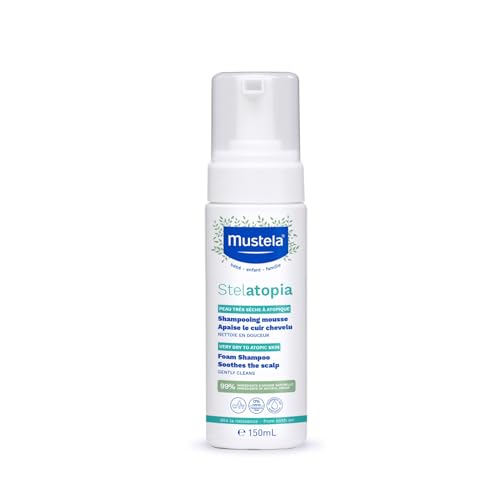 Mustela Stelatopia Shampoo Mousse für Kopfhaut mit extremer Trockenheit oder atopischer Dermatitis, Haare, Babys, Kinder, ganze Familie - reduziert Rötungen und Juckreiz (150ml) von Mustela