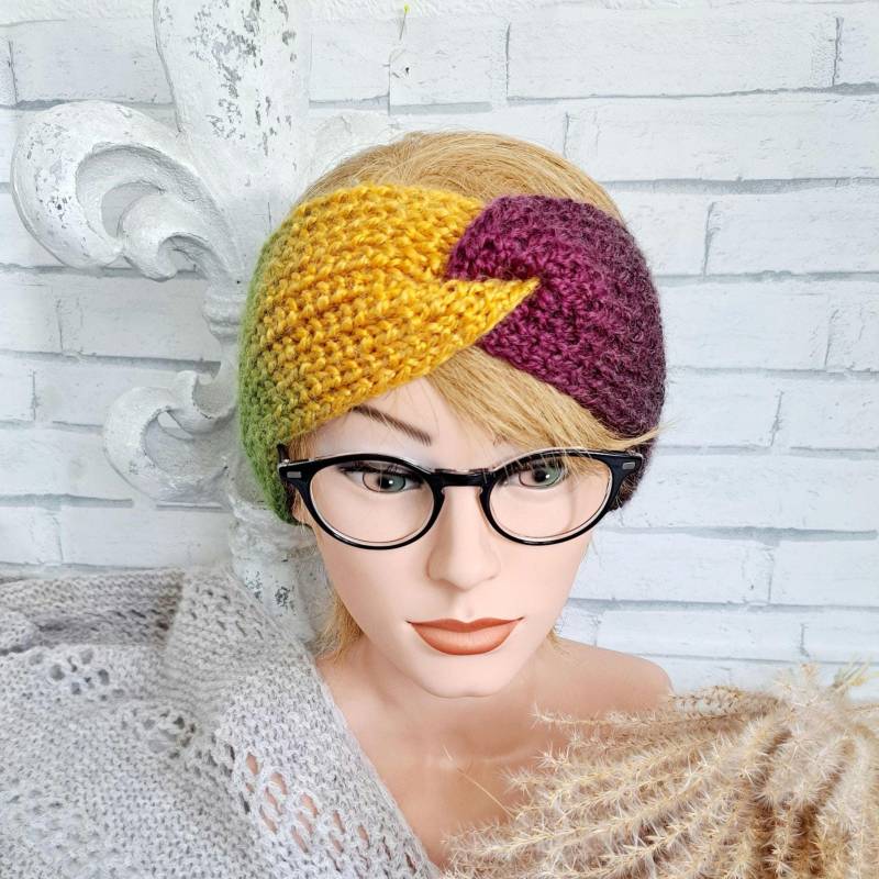 stirnband Für Damen Gestrickt Gelb, Lila, Grün, Blau Größe S - M, Warmes Wollstirnband Handgestrickt Mit Twist Den Urlaub Am Meer von Mustermaschen