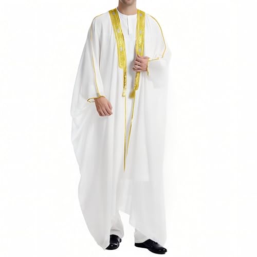 Musuly Herren Kaftan – Traditionelle Thobe Abaya Djellaba (Weiß und Gelbgold, L) von Musuly