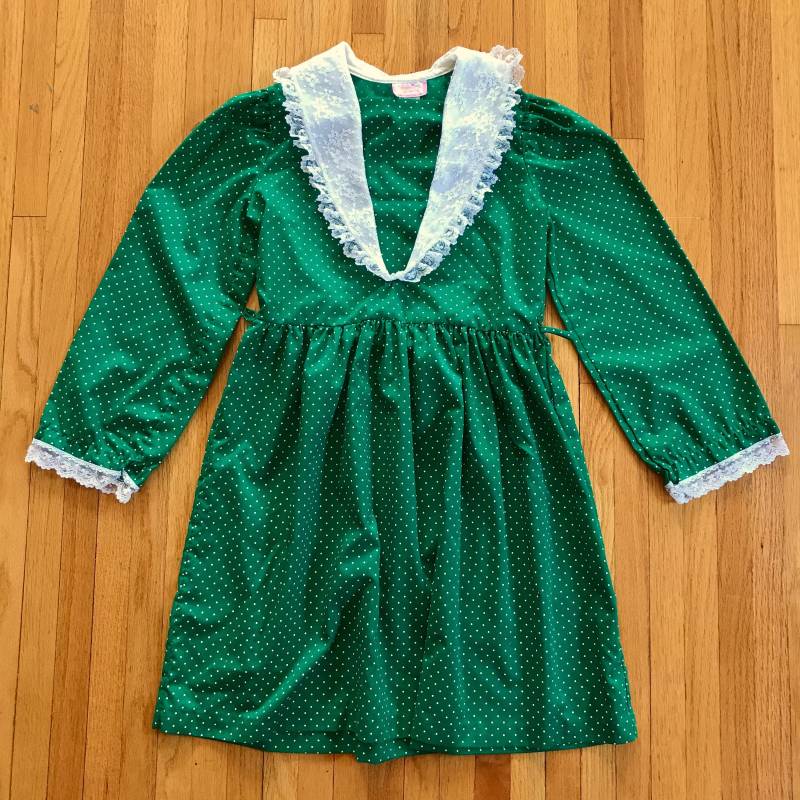 70Er Jahre Kleid Grün Gepunktet Mit Weißer Spitze Gr. 10 von MuteVintage
