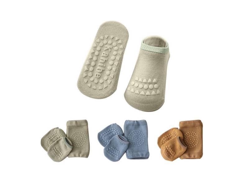 Mutig ABS-Socken 3 Paar Baby Socken & Baby Knieschoner,100 % Baumwolle Stoppersocken, (Krabbeln Set Mit Gummipunkten,Die Silikonteile erhöhen die Reibung) Stoppersocken Geeignet für Kinder von 0-3 Jahren,Grün, Blau, Braun von Mutig