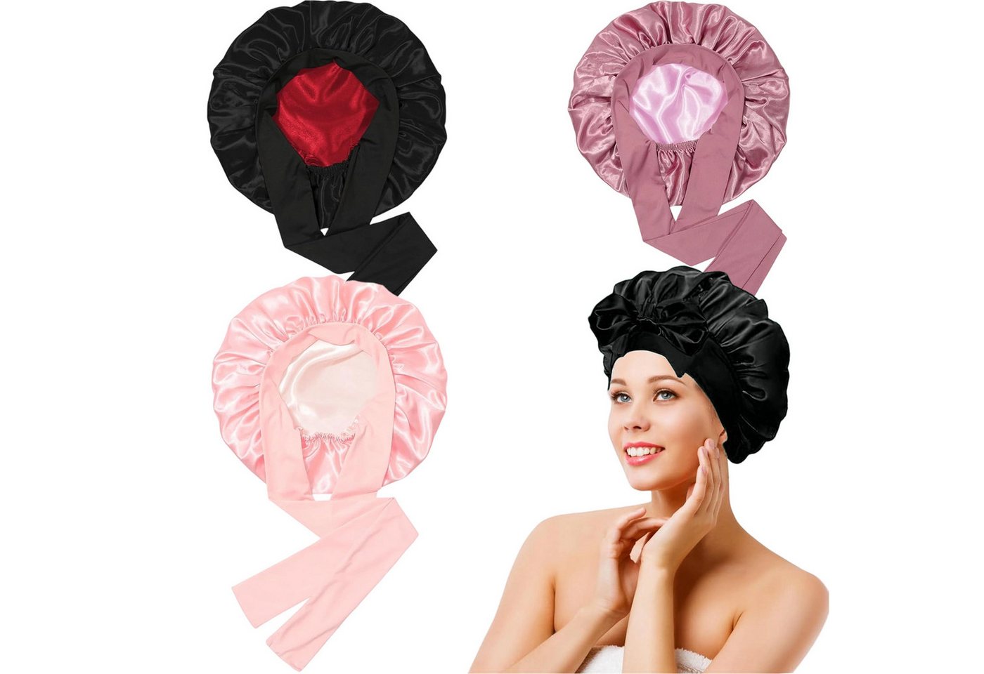 Mutig Duschhaube 3 Stück Satin Schlafhaube zum Schlafen (Doppelseitig Seidenhaube Zum Schlafen, Verstellbare Schlafmütze, 3 St), Haarhaube für Locken, Silk Bonnet für Damen und Mädchen von Mutig