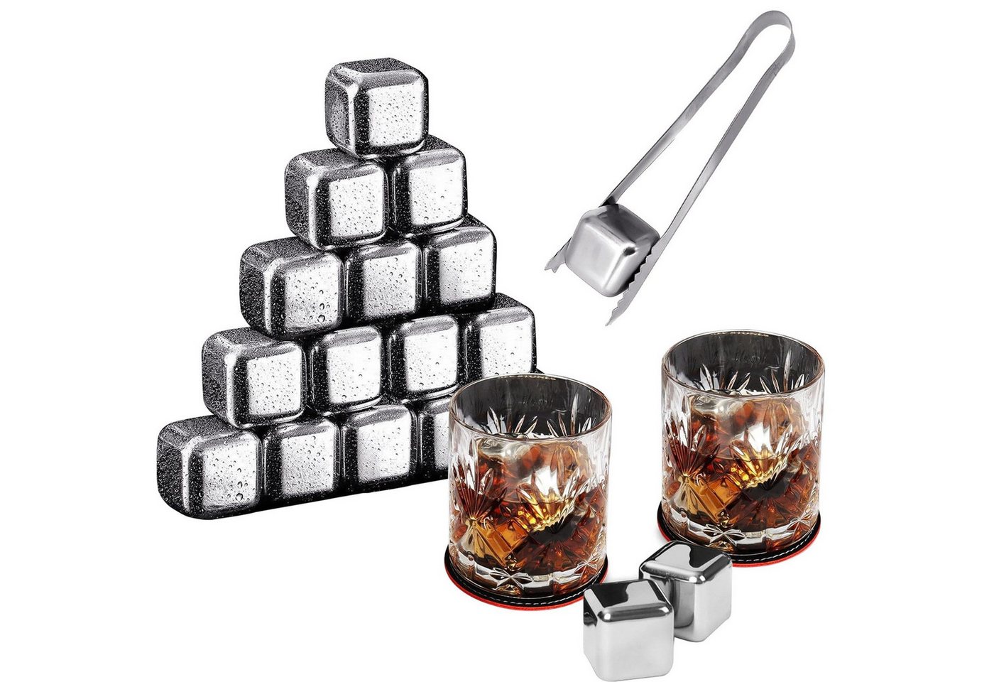 Mutig Eiswürfel-Steine 16 Stück Eiswürfel Aus Edelstahl mit 1 Eisclip Kühlsteine, Wiederverwendbare Whisky Steine Ice Cubes Set für Cocktail Wodka Likör von Mutig