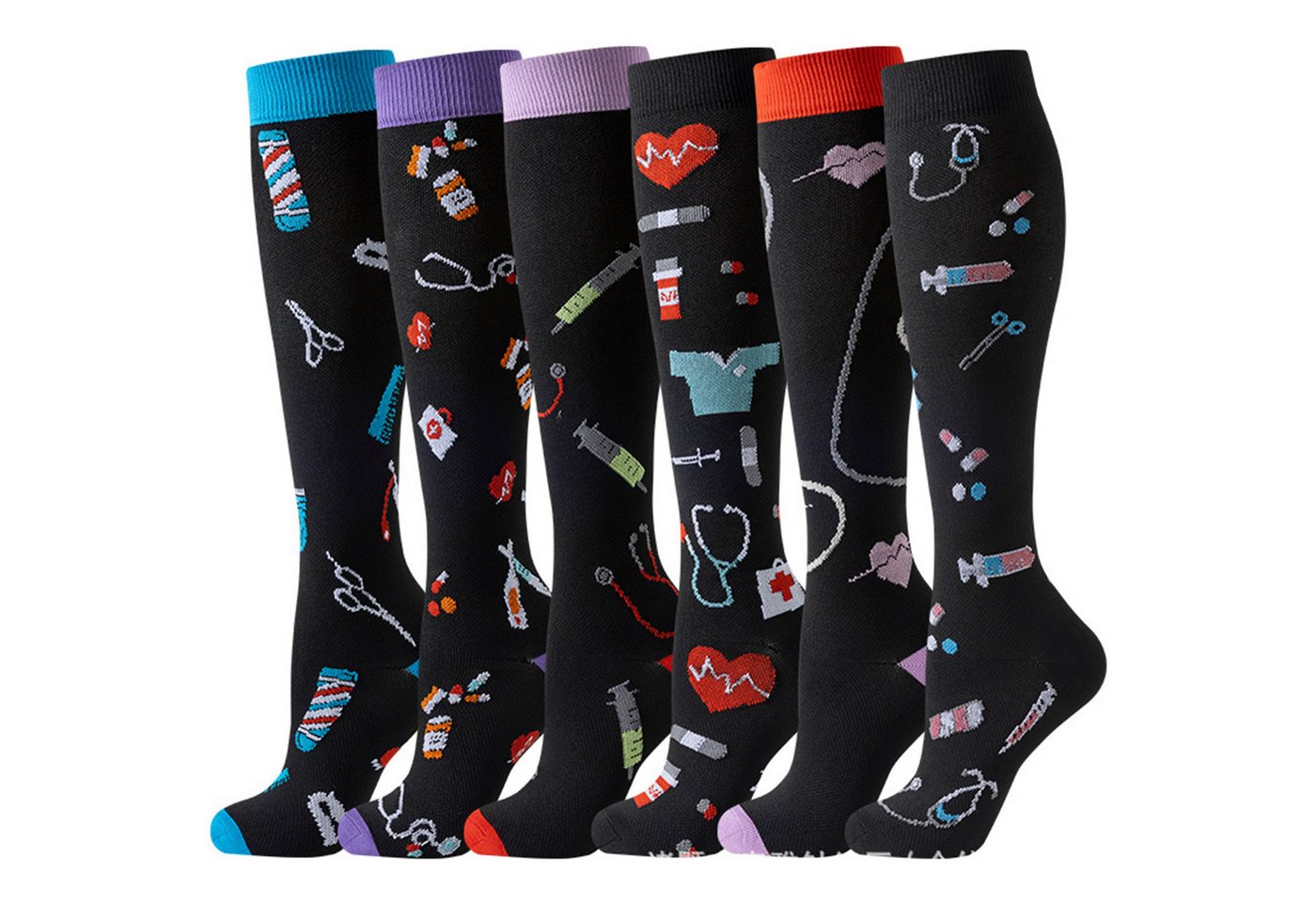 Mutig Kompressionsstrümpfe 6 Paar Kompressionsstrümpfe 18-30mmHg,Stützstrümpfe für Damen & Herren (für Flug, Sport, Laufen, Radsport, Krankenschwester,Schwangerschaft, 6 Paar Medizinstrümpfe für Krankenschwestern auf Flugreisen) Bunte Stützstrümpfe,Abgestufte Kompression,Fördert die Durchblutung von Mutig