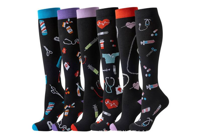 Mutig Kompressionsstrümpfe 6 Paar Kompressionsstrümpfe 18-30mmHg,Stützstrümpfe für Damen & Herren (für Flug, Sport, Laufen, Radsport, Krankenschwester,Schwangerschaft, 6 Paar Medizinstrümpfe für Krankenschwestern auf Flugreisen) Bunte Stützstrümpfe,Abgestufte Kompression,Fördert die Durchblutung von Mutig