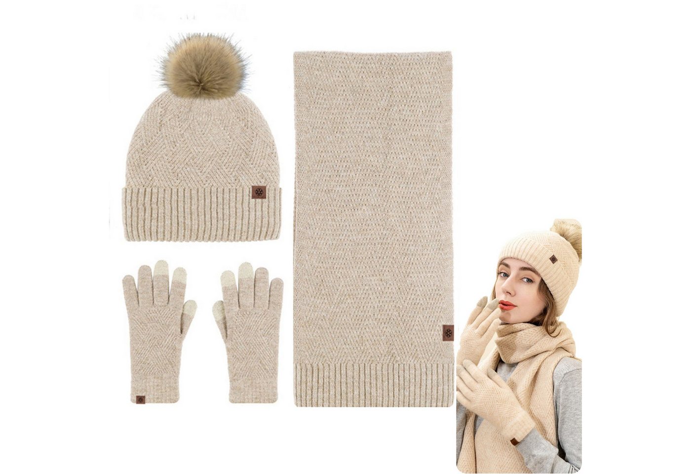 Mutig Mütze & Schal Mütze Schal Handschuh 3-Set,Gestrickte Touchscreen-Handschuhe (Winter Weich Warm,Warmes Strick-Set mit Futter,Damen Unisex, Hergestellt aus weichen Wolle,Winter Geschenk-Mehrfarbig) Geschenk zu Weihnachten, Erntedank oder Neujahr von Mutig
