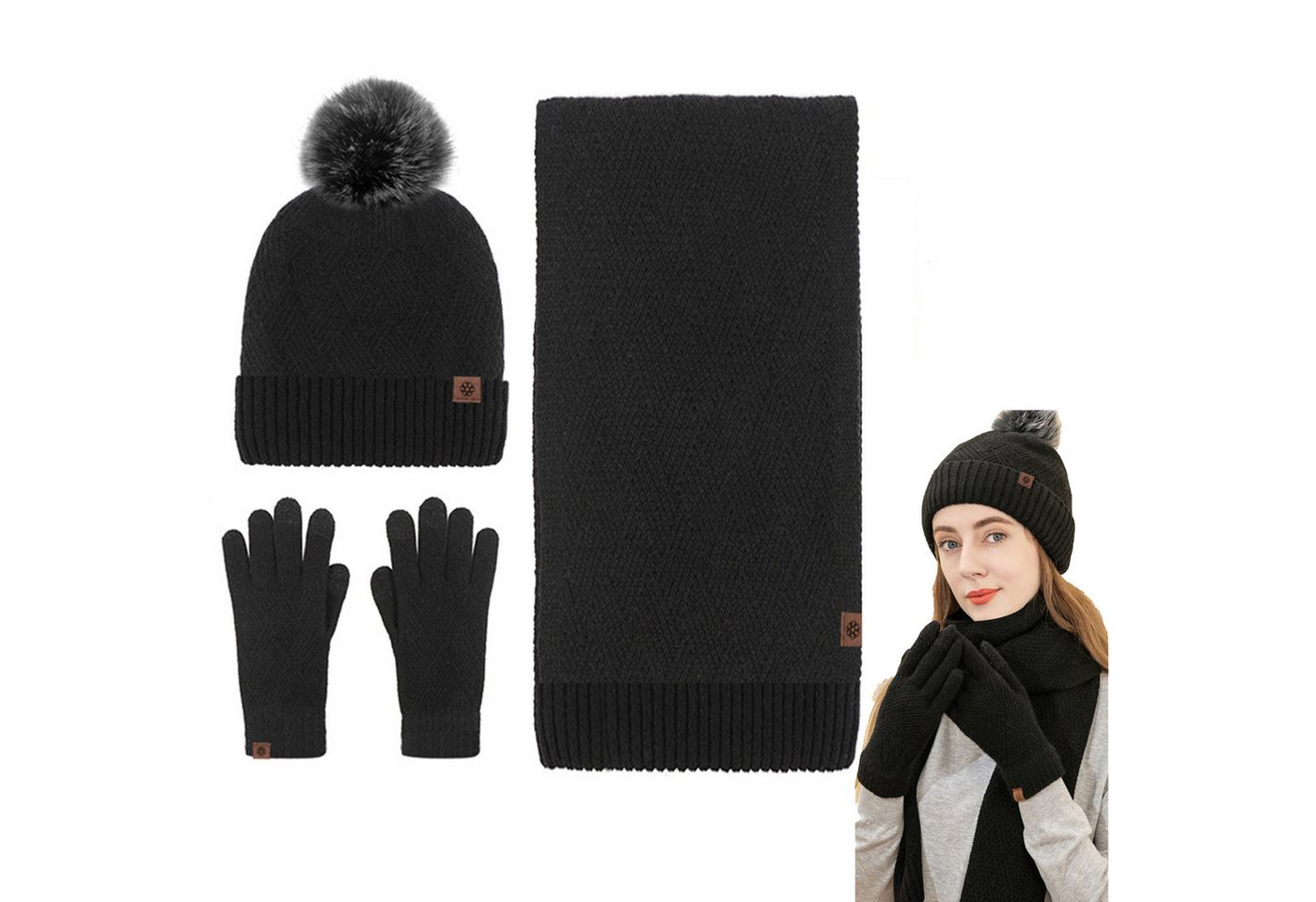 Mutig Mütze & Schal Mütze Schal Handschuh 3-Set,Gestrickte Touchscreen-Handschuhe (Winter Weich Warm,Warmes Strick-Set mit Futter,Damen Unisex, Hergestellt aus weichen Wolle,Winter Geschenk-Mehrfarbig) Geschenk zu Weihnachten, Erntedank oder Neujahr von Mutig