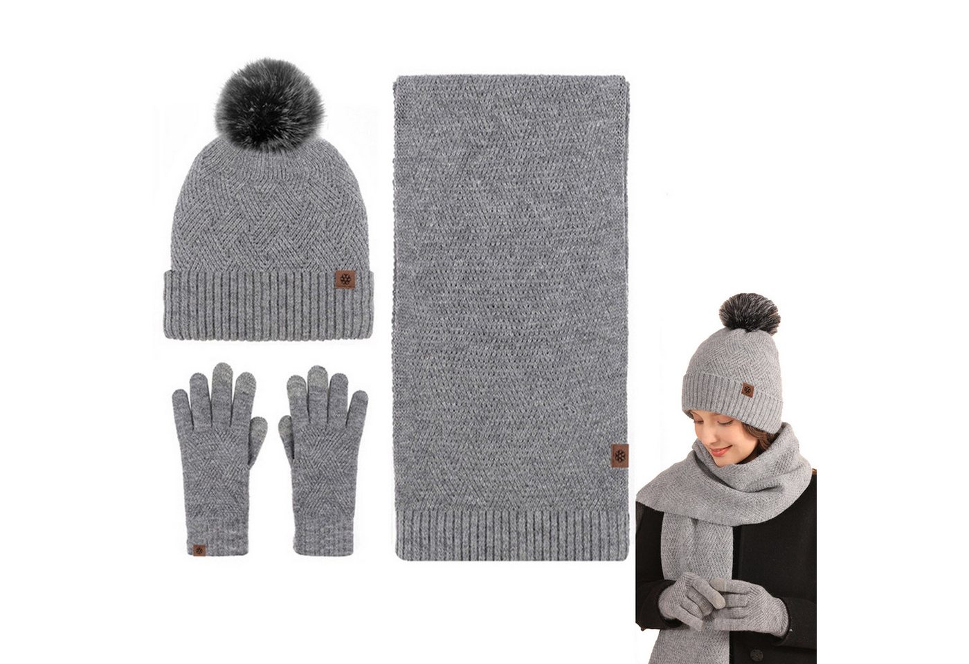 Mutig Mütze & Schal Mütze Schal Handschuh 3-Set,Gestrickte Touchscreen-Handschuhe (Winter Weich Warm,Warmes Strick-Set mit Futter,Damen Unisex, Hergestellt aus weichen Wolle,Winter Geschenk-Mehrfarbig) Geschenk zu Weihnachten, Erntedank oder Neujahr von Mutig
