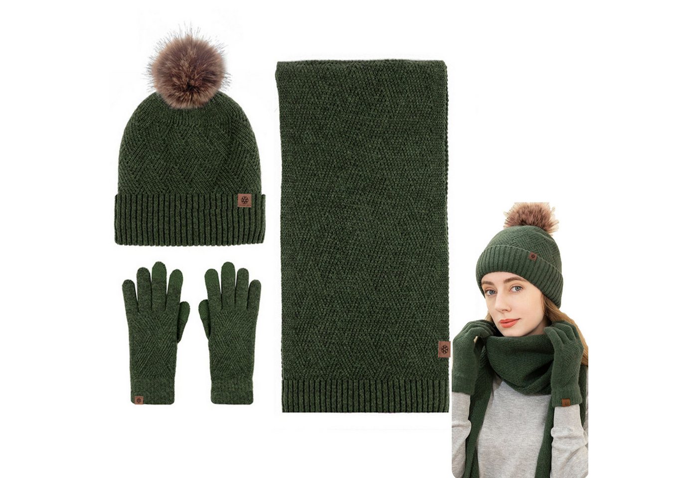 Mutig Mütze & Schal Mütze Schal Handschuh 3-Set,Gestrickte Touchscreen-Handschuhe (Winter Weich Warm,Warmes Strick-Set mit Futter,Damen Unisex, Hergestellt aus weichen Wolle,Winter Geschenk-Mehrfarbig) Geschenk zu Weihnachten, Erntedank oder Neujahr von Mutig
