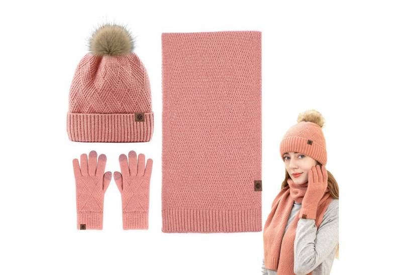 Mutig Mütze & Schal Mütze Schal Handschuh 3-Set,Gestrickte Wollmütze mit Bommel (Winter Weich Warm,Warmes Strick-Set mit Futter,Damen Unisex, Hergestellt aus weichen Wolle,Winter Geschenk-Mehrfarbig) Geschenk zu Weihnachten, Erntedank oder Neujahr von Mutig