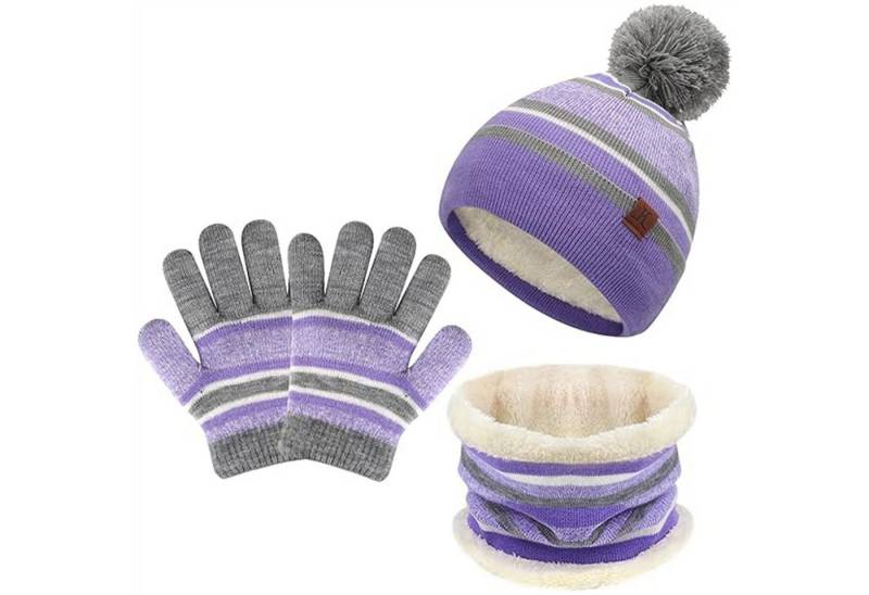 Mutig Mütze & Schal Winter Mütze Kinder Loop Schal Handschuhe 3-Set,Warm Bommelmütze (Winter Strickmütze, mit Plüsch Innenfutter für 3-6 Jahre Kleinkinder, Das Winter-Warmhalteset besteht aus Mütze, Handschuhen und Schal) Das Innere besteht aus weichem Fleece-Stoff, Wind effektiv abhalten von Mutig