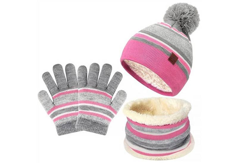 Mutig Mütze & Schal Winter Mütze Kinder Loop Schal Handschuhe 3-Set,Warm Bommelmütze (Winter Strickmütze, mit Plüsch Innenfutter für 3-6 Jahre Kleinkinder, Das Winter-Warmhalteset besteht aus Mütze, Handschuhen und Schal) Das Innere besteht aus weichem Fleece-Stoff, Wind effektiv abhalten von Mutig