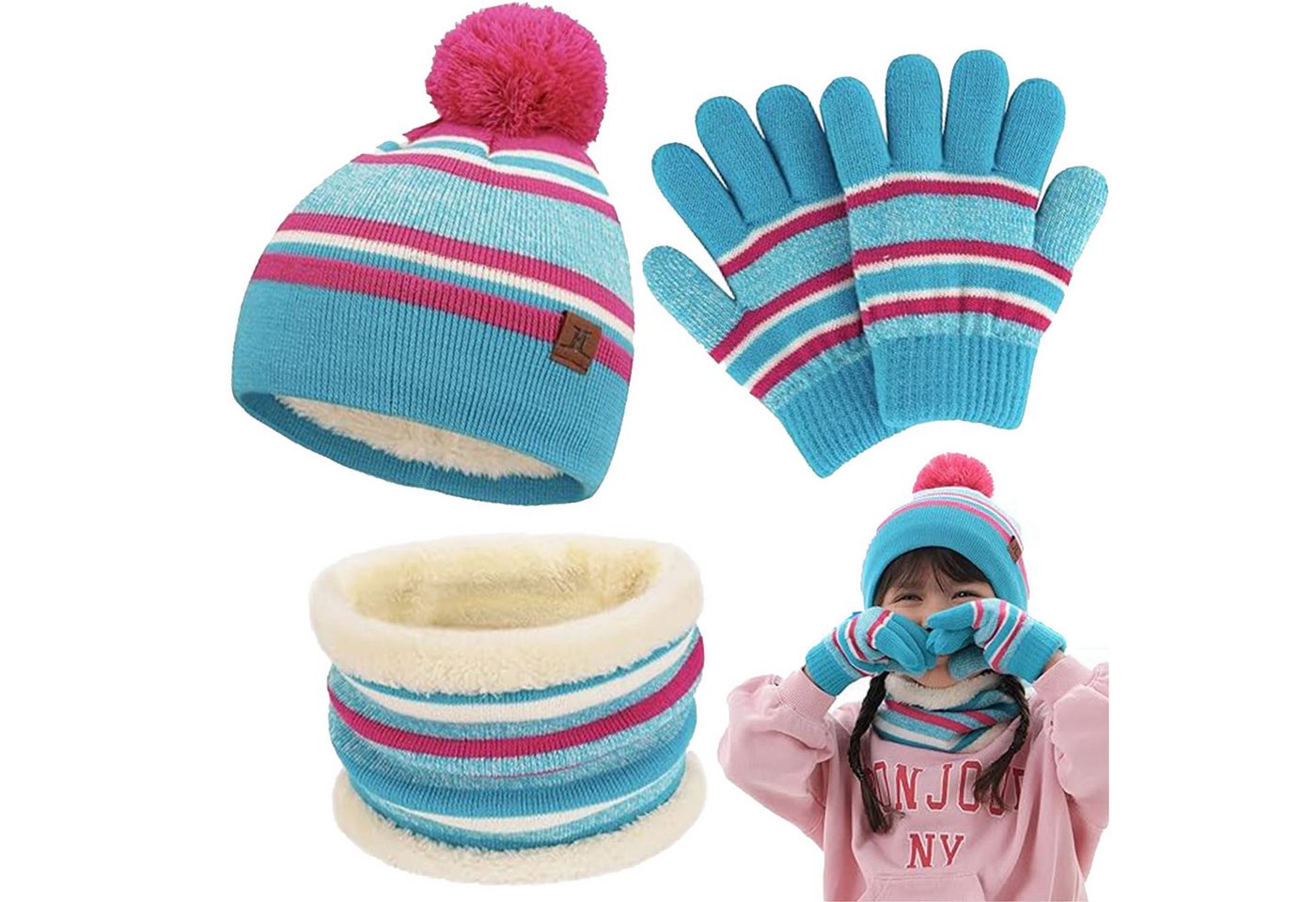 Mutig Mütze & Schal Winter Mütze Kinder Loop Schal Handschuhe 3-Set,Warm Bommelmütze (Winter Strickmütze, mit Plüsch Innenfutter für 3-6 Jahre Kleinkinder, Das Winter-Warmhalteset besteht aus Mütze, Handschuhen und Schal) Das Innere besteht aus weichem Fleece-Stoff, Wind effektiv abhalten von Mutig