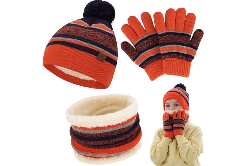 Mutig Mütze & Schal Winter Mütze Kinder Loop Schal Handschuhe 3-Set,Warm Bommelmütze (Winter Strickmütze, mit Plüsch Innenfutter für 3-6 Jahre Kleinkinder, Das Winter-Warmhalteset besteht aus Mütze, Handschuhen und Schal) Das Innere besteht aus weichem Fleece-Stoff, Wind effektiv abhalten von Mutig