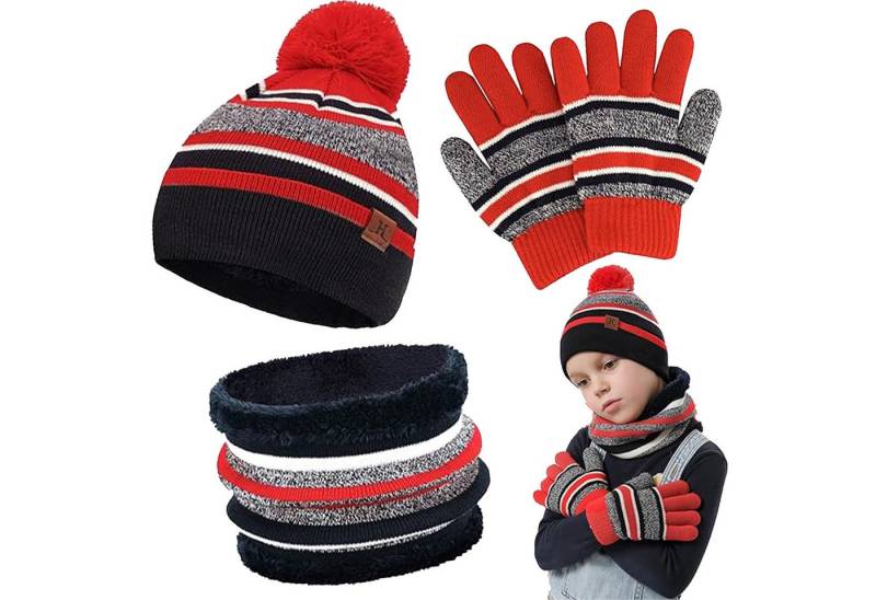 Mutig Mütze & Schal Winter Mütze Kinder Loop Schal Handschuhe 3-Set,Warm Bommelmütze (Winter Strickmütze, mit Plüsch Innenfutter für 3-6 Jahre Kleinkinder, Das Winter-Warmhalteset besteht aus Mütze, Handschuhen und Schal) Das Innere besteht aus weichem Fleece-Stoff, Wind effektiv abhalten von Mutig