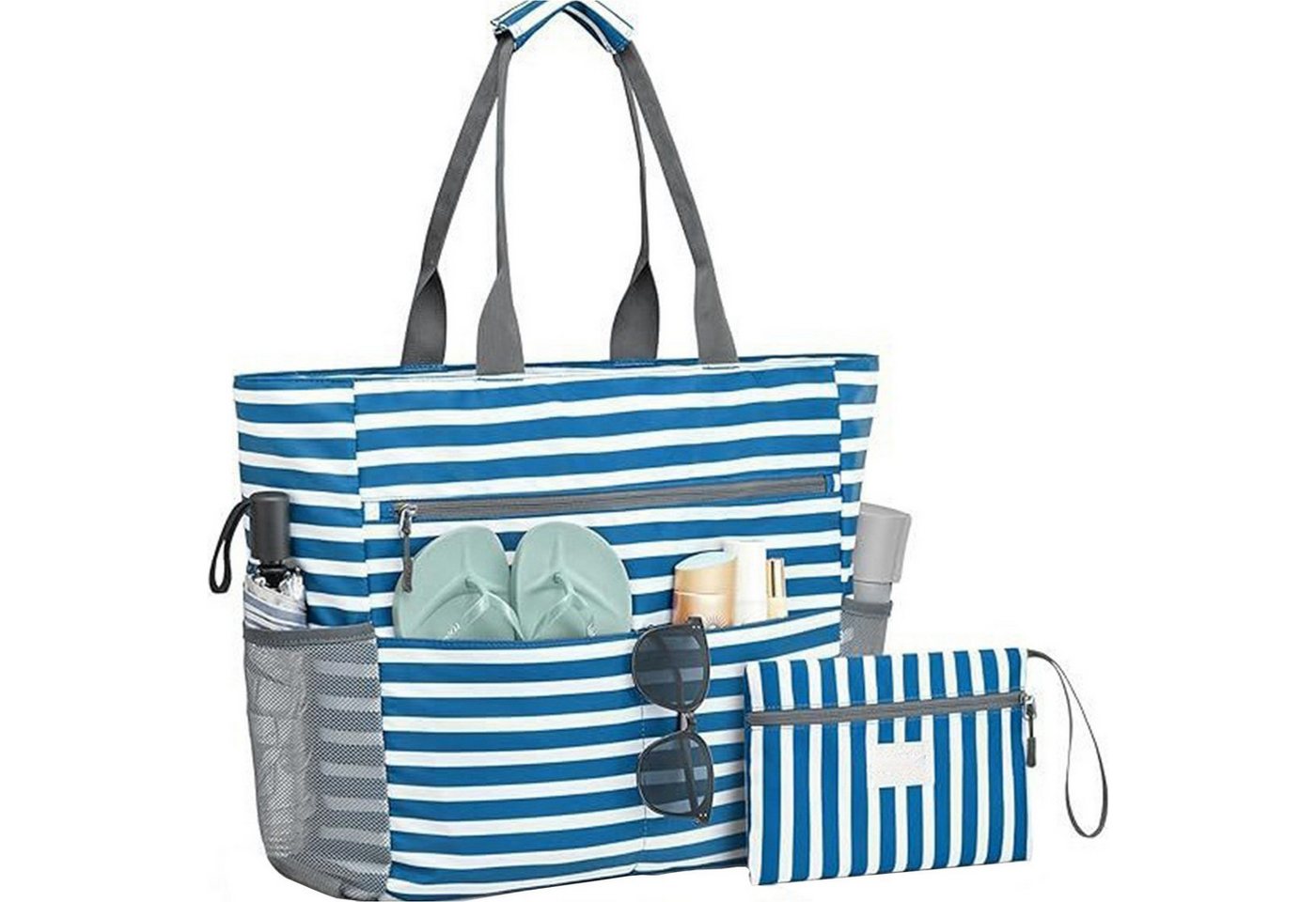 Mutig Strandtasche Große Strandtasche XXL mit Reißverschluss (wasserdichte & faltbare Badetasche, Shopper / Reisetasche / Beach Tote Bag mit mehreren Taschen), für Damen, Strand, Pool, Urlaub, Fitnessstudio & Familie von Mutig
