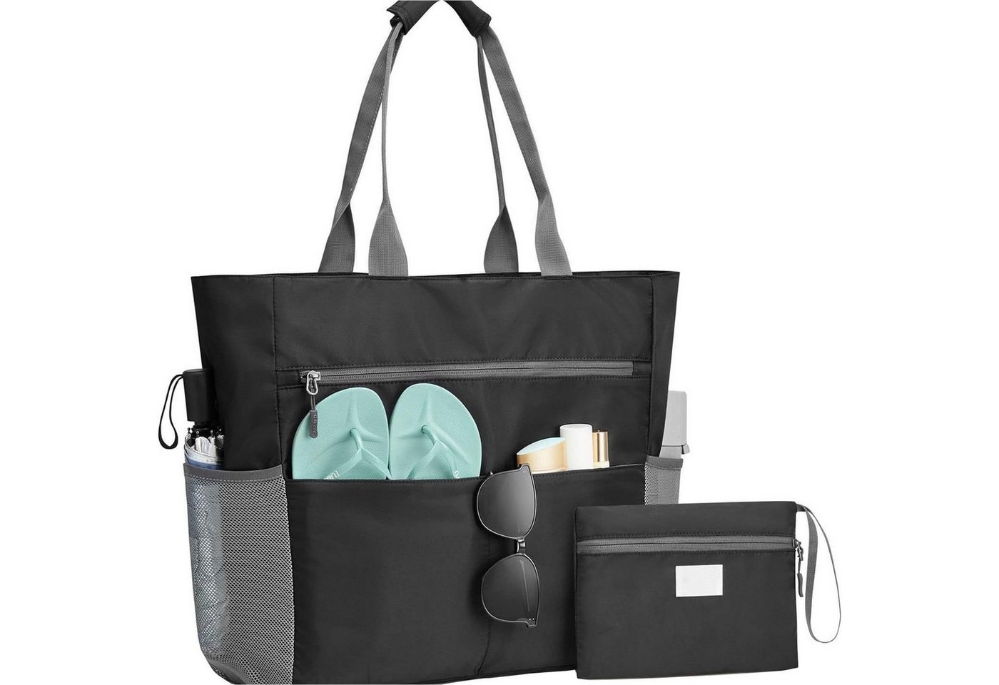 Mutig Strandtasche Große Strandtasche XXL mit Reißverschluss (wasserdichte & faltbare Badetasche, Shopper / Reisetasche / Beach Tote Bag mit mehreren Taschen), für Damen, Strand, Pool, Urlaub, Fitnessstudio & Familie von Mutig