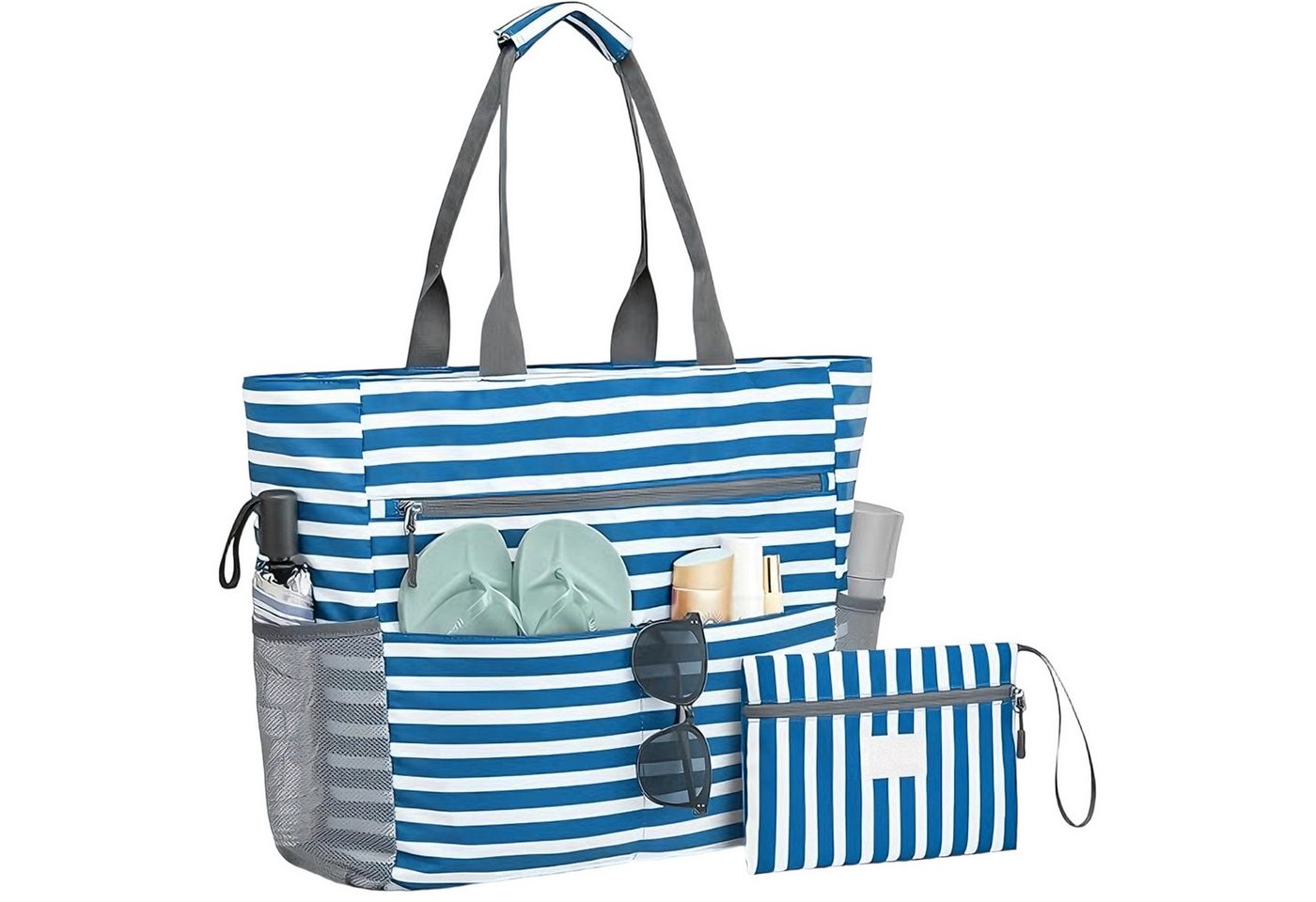 Mutig Strandtasche Große Strandtasche XXL mit Reißverschluss (wasserdichte & faltbare Badetasche, Shopper / Reisetasche / Beach Tote Bag mit mehreren Taschen, für Damen, Strand, Pool, Urlaub, Fitnessstudio & Familie) von Mutig