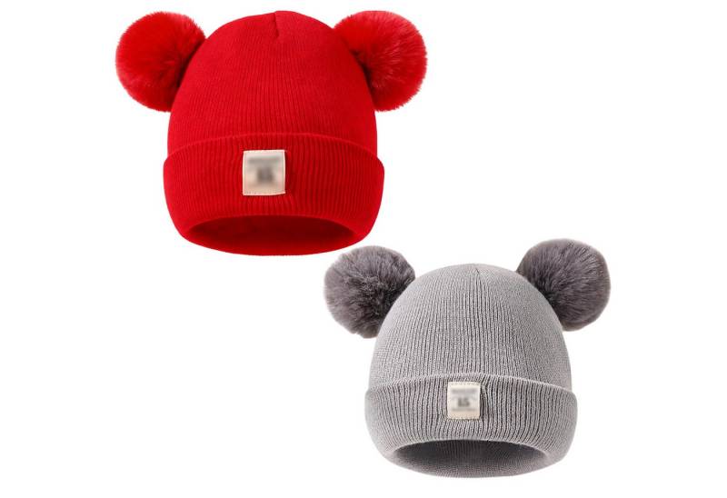 Mutig Strickmütze 2er Pack Kinder Wintermützem, Baby Strickmütze mit zwei Bommeln (Warme Winter Beanie Hut, Unisex Mütze für Jungen & Mädchen) Weiche Herbst & Winter Mütze, für 1, 2, 3, 4, 5 Jahre von Mutig
