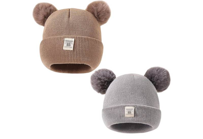 Mutig Strickmütze 2er Pack Kinder Wintermützem, Baby Strickmütze mit zwei Bommeln (Warme Winter Beanie Hut, Unisex Mütze für Jungen & Mädchen) Weiche Herbst & Winter Mütze, für 1, 2, 3, 4, 5 Jahre von Mutig