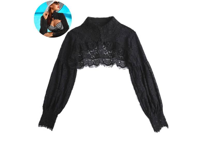 Mutig Wickelbluse Spitze Shrug Jäckchen, mit falschem Kragen und halbem Hemdblusenkragen (Damen Spitze Trachtenbluse, Spitze Bluse Damen Elegant Pullover Tops, für Gothic, Lolita, Oktoberfest) von Mutig