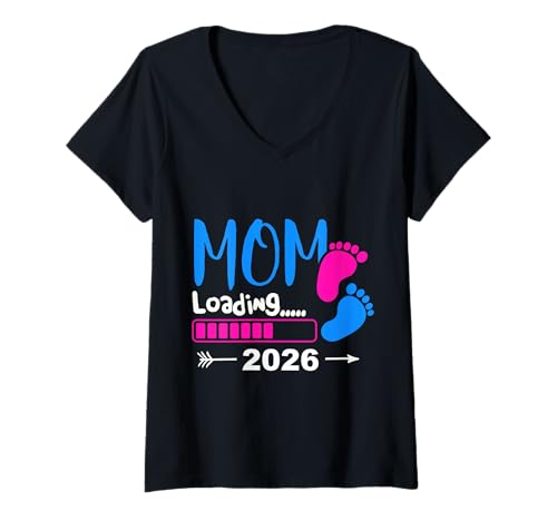 Damen Mom Loading 2026 Babyankündigung T-Shirt mit V-Ausschnitt von Mutter Vorfreude Babyankündigung Mutterglück