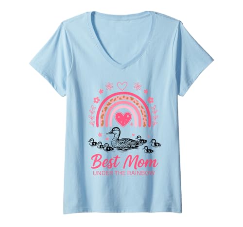 Damen Beste Mama unter dem Regenbogen Entenfamilie Muttertag Herz T-Shirt mit V-Ausschnitt von Muttertag Frauentag by Christine Krahl