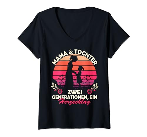 Damen Muttertag Mutter & Tochter Zwei Generationen ein Herzschlag T-Shirt mit V-Ausschnitt von Muttertag Geschenkideen für Mutter Mama Mom