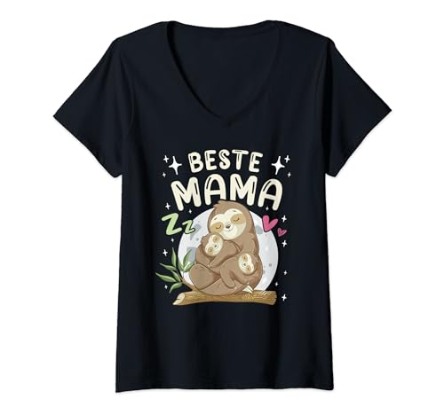 Damen Beste Mama, Faultier Mutter mit 2 Kindern, Muttertag T-Shirt mit V-Ausschnitt von Muttertag Mama Oma Geschenk Ideen by Conreo