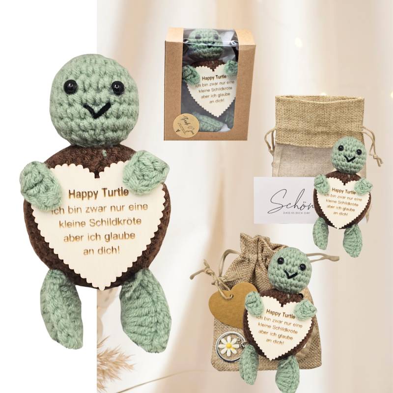 Happy Turtle Schildkröte Pocket Hug -strickpuppe Glück | Motivationsgeschenk Glücksbringer Geschenk Für Frauen Männer Mutmacher von Mutzauber