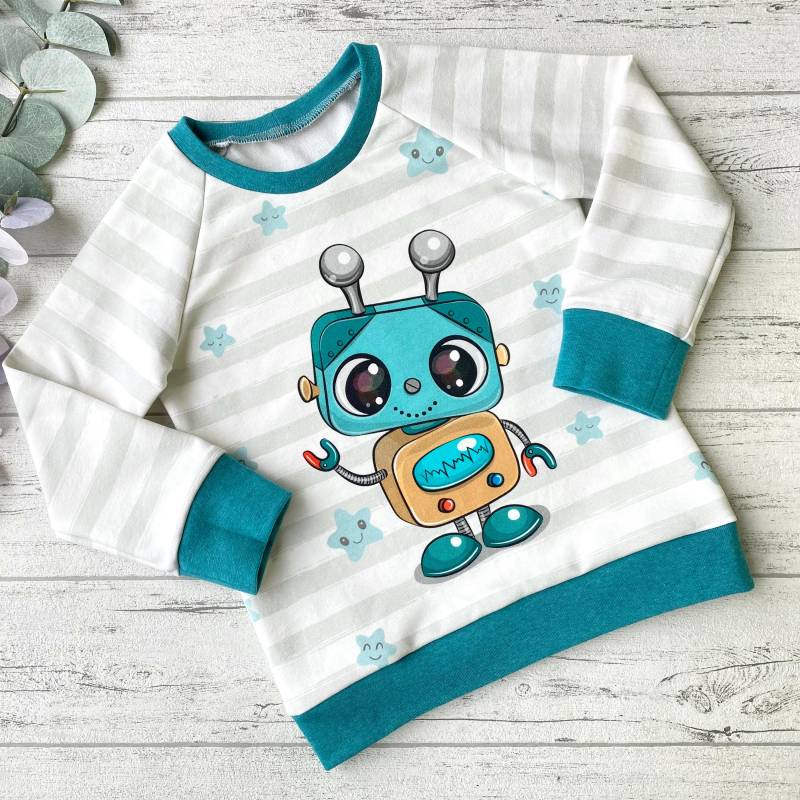 Roboter Pullover Jungen Und Mädchen, Grau-Weiß Gestreiftes Shirt, Raglan Sweatshirt Kinder, Wunschgröße 80 - 116 von Mutzelchen