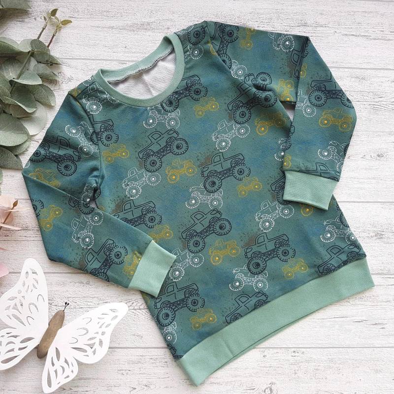 Monstertruck Shirt 110, Grüner Pullover Jungen, Sweatshirt Mit Autos, Jungen Fahrzeug Motiv, Kinder Kleidung Größe 110 von Mutzelchen