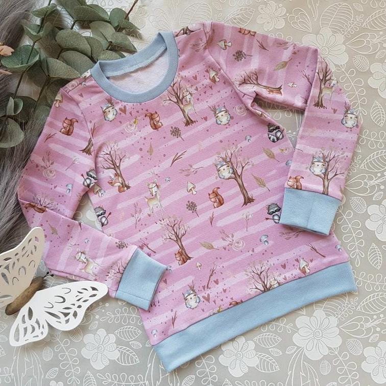 Rosa Pullover Waldtiere, Gestreifter Mädchen, Mädchen Sweatshirt Mit Wald Motiv, Baby Fuchs Und Bär, Größe 68 - 110 von Mutzelchen