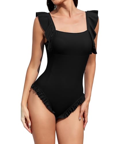 Muwodkdn Badeanzug Damen Bauchweg Push Up Schwimmanzug Schlankheits Raffung Einteilige Swimsuit One Piece Badeanzüge Mit Verstellbaren Trägern Schwarz S von Muwodkdn