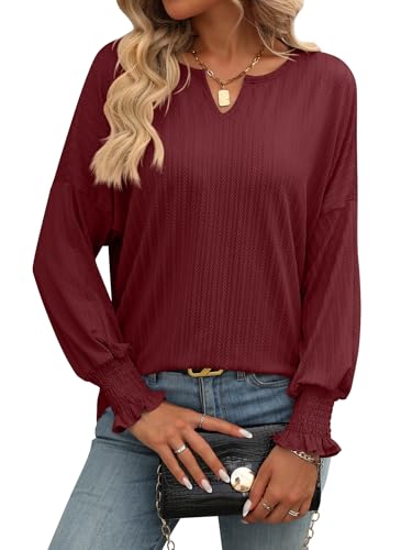 Muwodkdn Blusen mit V Ausschnitt Damen Tshirt Elegant Langarm Oberteile Blusenshirt Weinrot XL von Muwodkdn