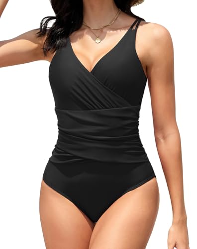 Muwodkdn Damen Badeanzug Einteiler V Ausschnitt Elegant Bauchweg Push up Bademode High Waist Schwimmanzug One Piece Swimsuits Schwarz M von Muwodkdn