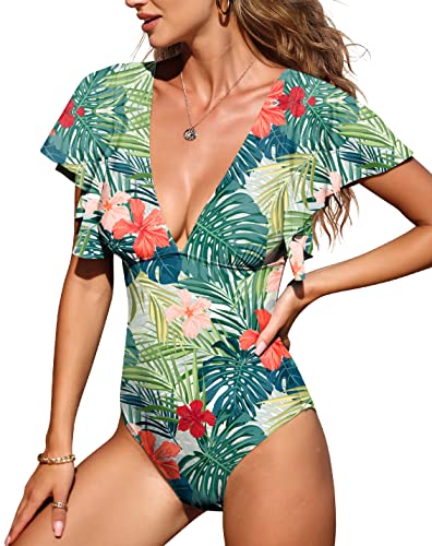 Muwodkdn Damen Badeanzug V Ausschnitt Rüschen Einteilige Badeanzüge Tummy Control Bauchweg One Piece Push Up Bademode Raffung Monokinis Plus Size Badebekleidung Grüne Blume L von Muwodkdn