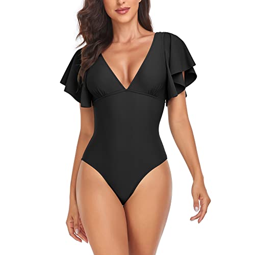 Muwodkdn Damen Badeanzug V Ausschnitt Rüschen Einteilige Badeanzüge Tummy Control Bauchweg One Piece Push Up Bademode Raffung Monokinis Plus Size Badebekleidung Schwarz M von Muwodkdn