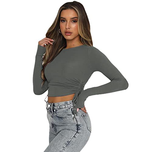 Muwodkdn Damen Crop T-Shirts Bauchfrei Oberteile mit Kordelzug Langarmshirts Tops Pullover Grau L von Muwodkdn