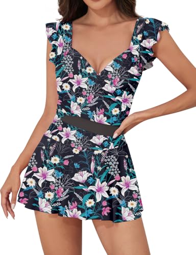 Muwodkdn Damen Einteiliger Badeanzug mit Rüschen Bauchkontrollierender Baderock Push Up Netzrock Badeanzug Tummy Control Badekleid Schwarzer Druck XXL von Muwodkdn