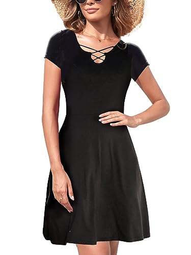 Muwodkdn Damen Freizeitkleid A Linie Minikleider Einfarbig Knielang Strandkleider Kurz Sommerkleid mit Zierbändern am Ausschnitt Elegant Tunika Kleid Schwarz L von Muwodkdn