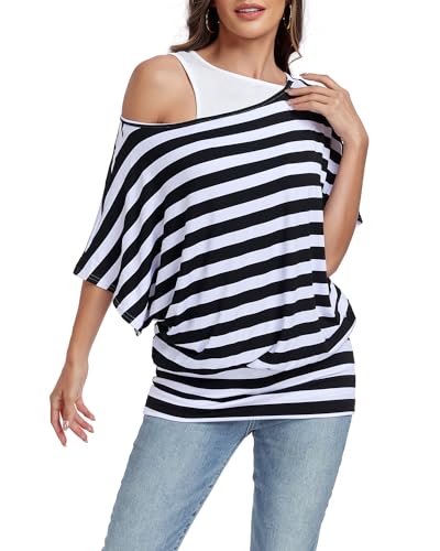 Muwodkdn Damen Gestreiftes T-Shirt Sommer Kurzarm Oberteile 2 in 1 Strandshirt weiß-schwarz L von Muwodkdn