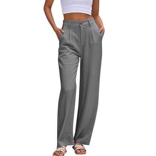 Muwodkdn Damen Hosen Leinenhose Sommer High Waist Hosen Lang Flowy Damenhose Weites Bein Elegante Hose mit Taschen Grau XXL von Muwodkdn