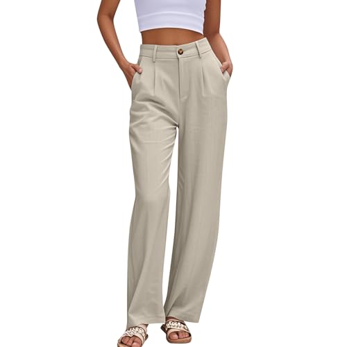Muwodkdn Damen Hosen Leinenhose Sommer High Waist Hosen Lang Flowy Damenhose Weites Bein Elegante Hose mit Taschen Khaki XL von Muwodkdn