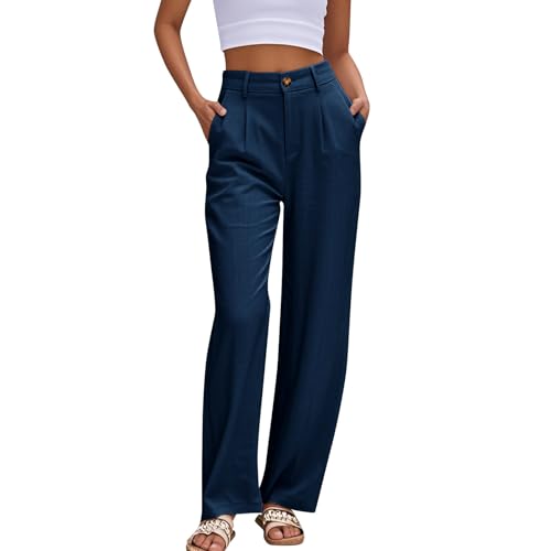Muwodkdn Damen Hosen Leinenhose Sommer High Waist Hosen Lang Flowy Damenhose Weites Bein Elegante Hose mit Taschen Marineblau M von Muwodkdn