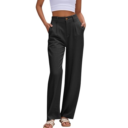 Muwodkdn Damen Hosen Leinenhose Sommer High Waist Hosen Lang Flowy Damenhose Weites Bein Elegante Hose mit Taschen Schwarz S von Muwodkdn