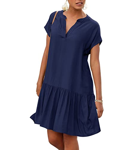 Muwodkdn Damen Kleider Blusenkleid mit Volant am Rock V-Ausschnitt Elegant Kleid A-Linie Kleid Strandkleid Lockeres Kaftankleid für den Sommer Navy blau S von Muwodkdn