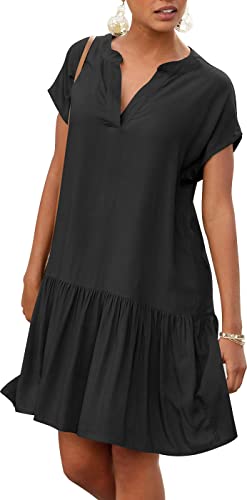 Muwodkdn Damen Kleider Blusenkleid mit Volant am Rock V-Ausschnitt Elegant Kleid A-Linie Kleid Strandkleid Lockeres Kaftankleid für den Sommer Schwarz XXL von Muwodkdn