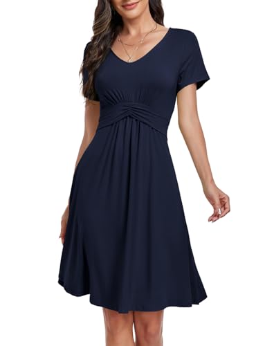 Muwodkdn Damen Sommerkleider V-Ausschnitt Damen T-Shirt Kleid A-line Strandkleid Knielang Retro Kleider Female Kleid Elegant Partykleid Rüschenkleid Freizeitkleid Navy Blau S von Muwodkdn